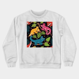 Colourful Crested Geckos with Jungle Leaves and Stars on Black Crewneck Sweatshirt